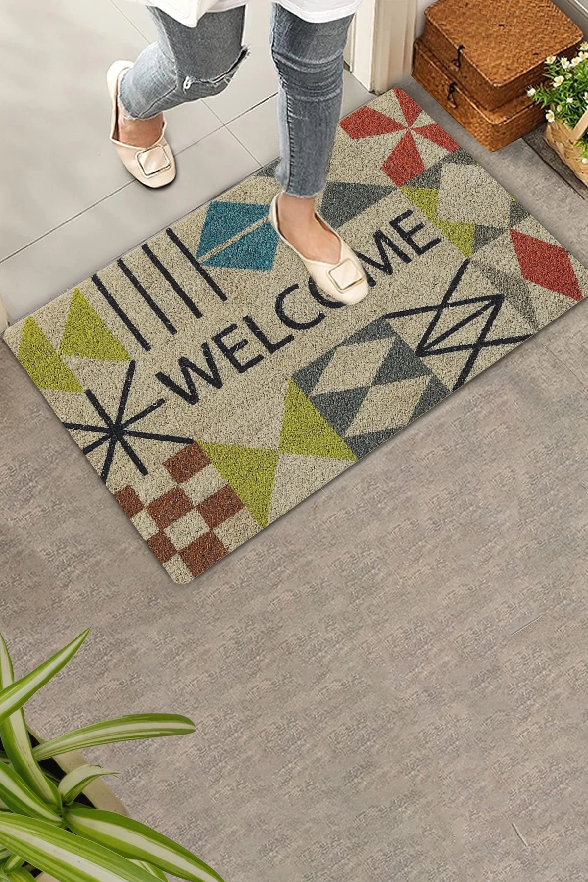 Valerine Life Rustik Geometrik Üçgen Çizgi Desenli Welcome Hoş Geldiniz Kapı Önü Paspası 45x70cm