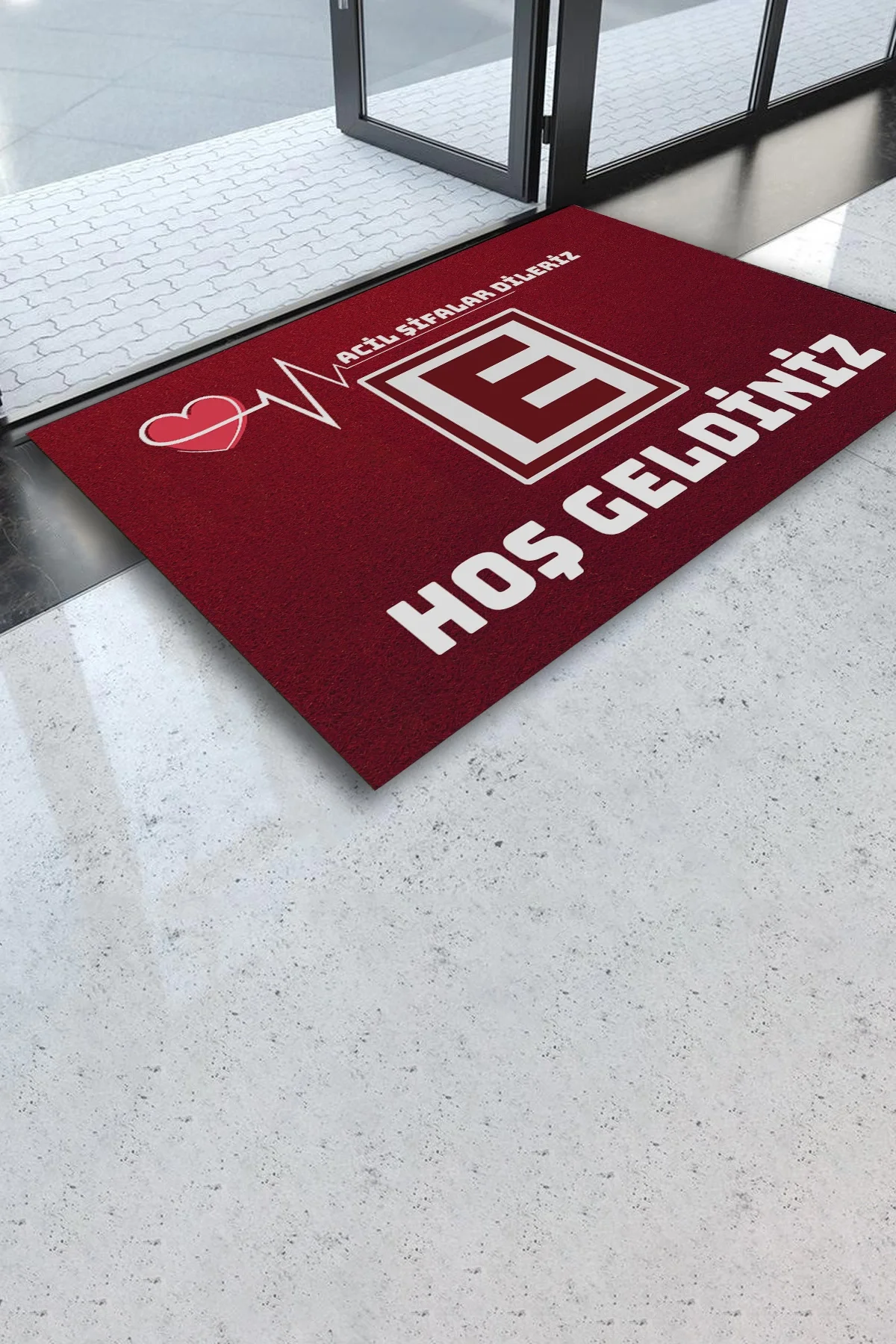 Valerine Life Eczane Logolu Kırmızı Acil Şifalar Dileriz Hoş Geldiniz İş Yeri Kapı Önü Paspası 45x70cm