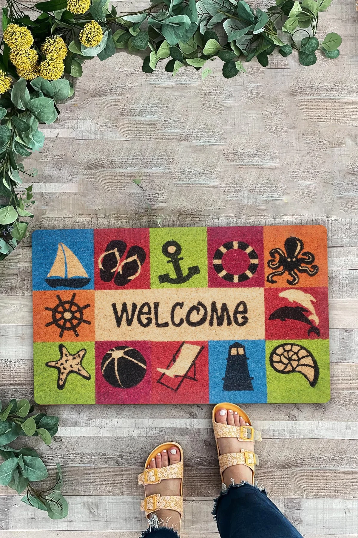 Valerine Life Deniz Yıldızı Feneri ve Tatil Temalı Welcome Hoş Geldiniz Kapı Önü Paspası 45x70cm