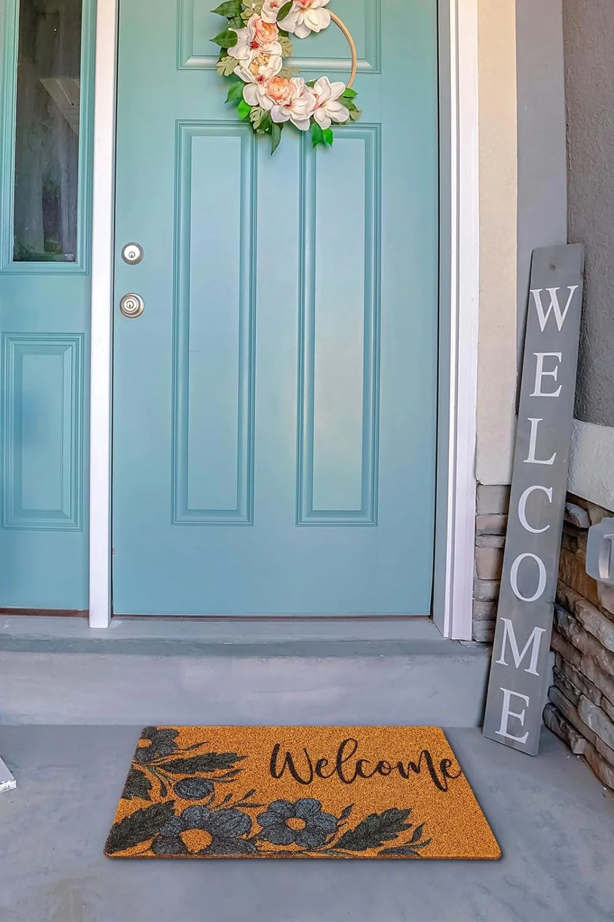 Valerine Life Lacivert Papatya Çiçekli Welcome Hoş Geldiniz Kapı Önü Paspası 45x70cm