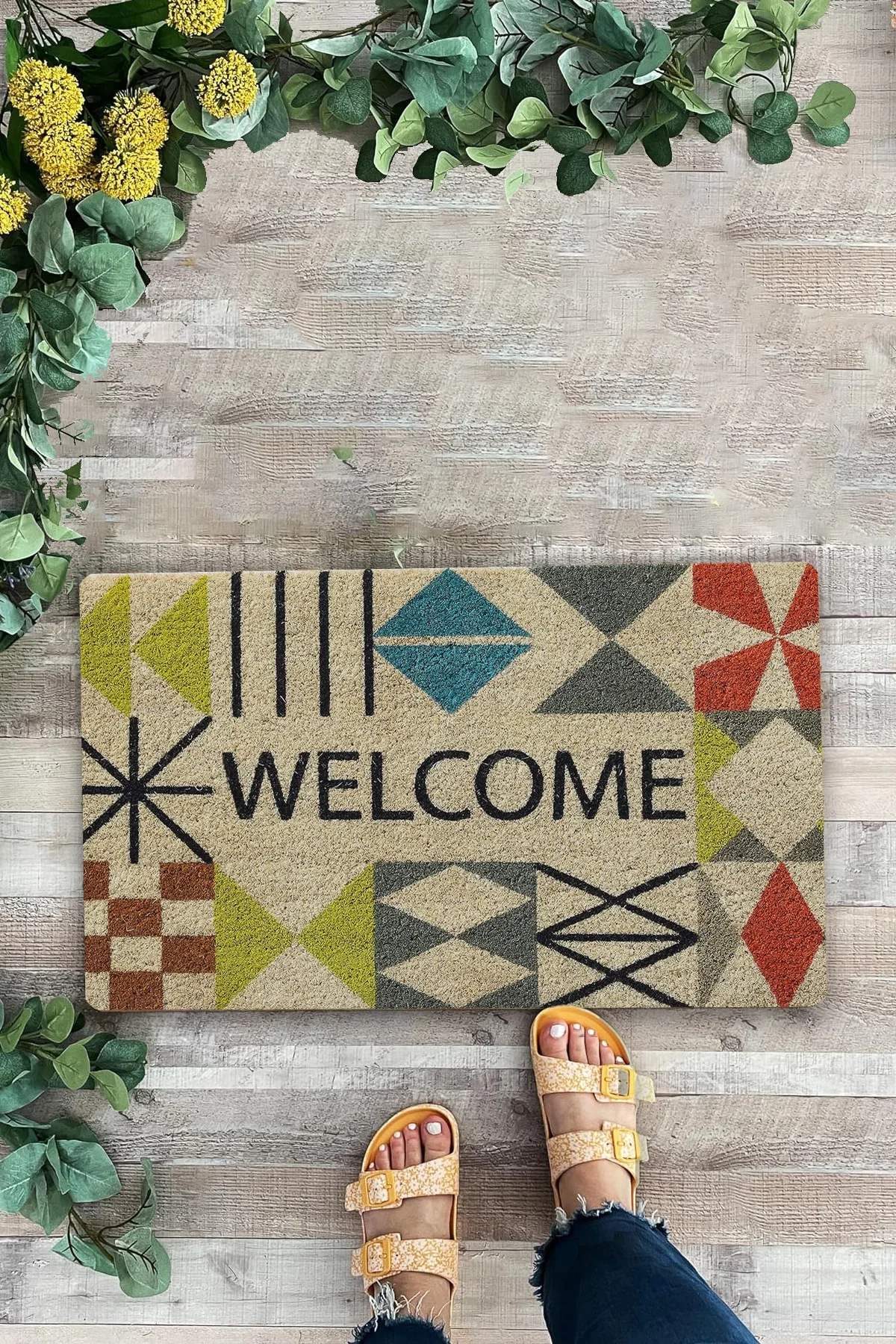 Valerine Life Rustik Geometrik Üçgen Çizgi Desenli Welcome Hoş Geldiniz Kapı Önü Paspası 45x70cm