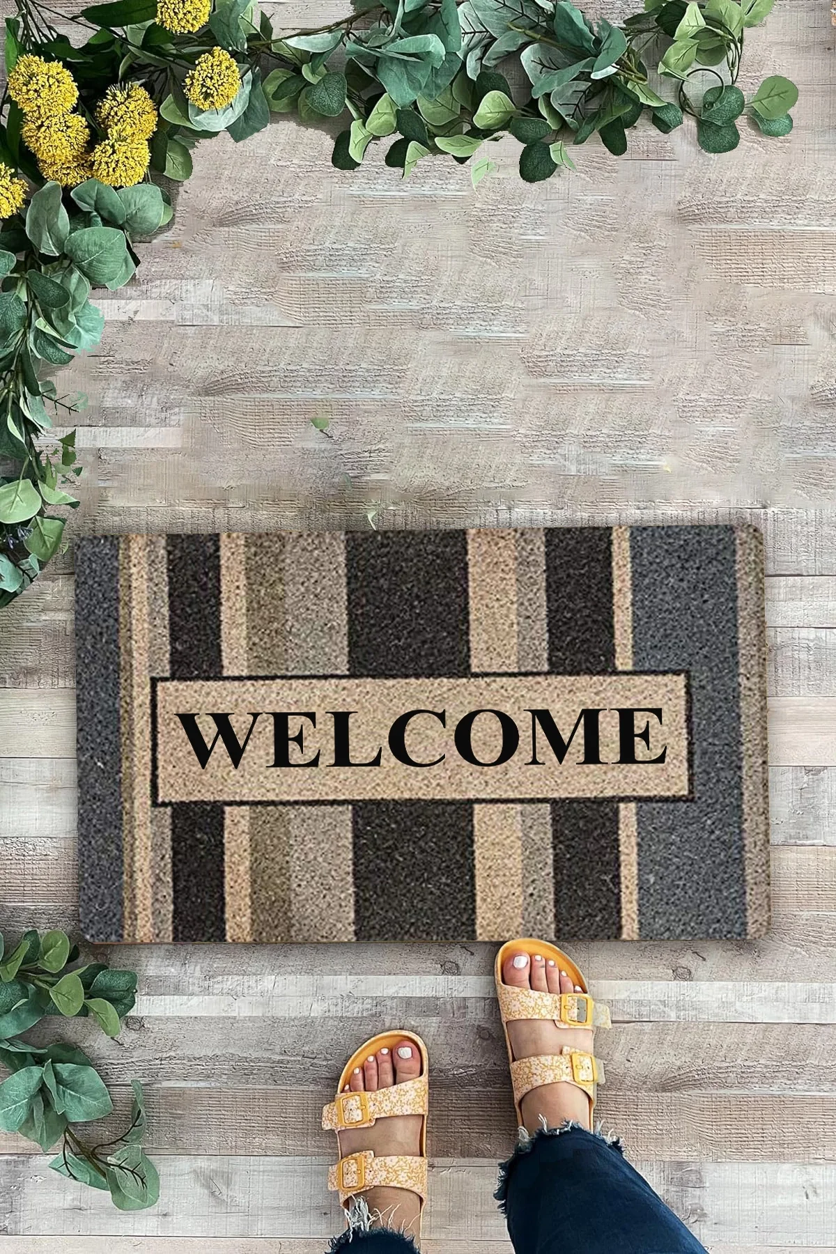 Valerine Life Mavi Çizgi Desenli Welcome Hoş Geldiniz Kapı Önü Paspası 45x70cm