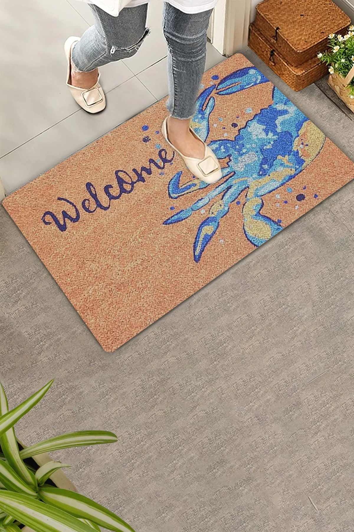 Valerine Life Mavi Yengeç Desenli Welcome Hoş Geldiniz Kapı Önü Paspası 45x70cm