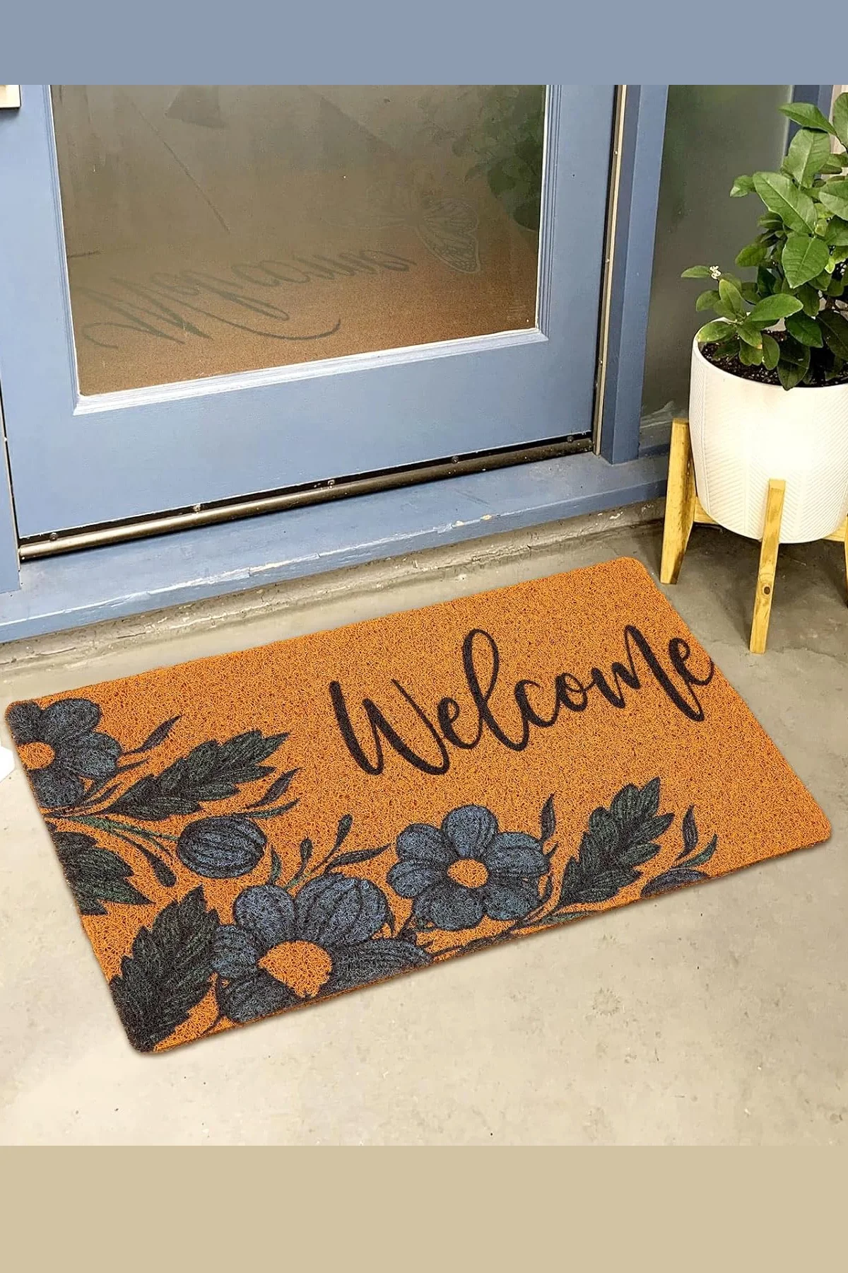 Valerine Life Lacivert Papatya Çiçekli Welcome Hoş Geldiniz Kapı Önü Paspası 45x70cm