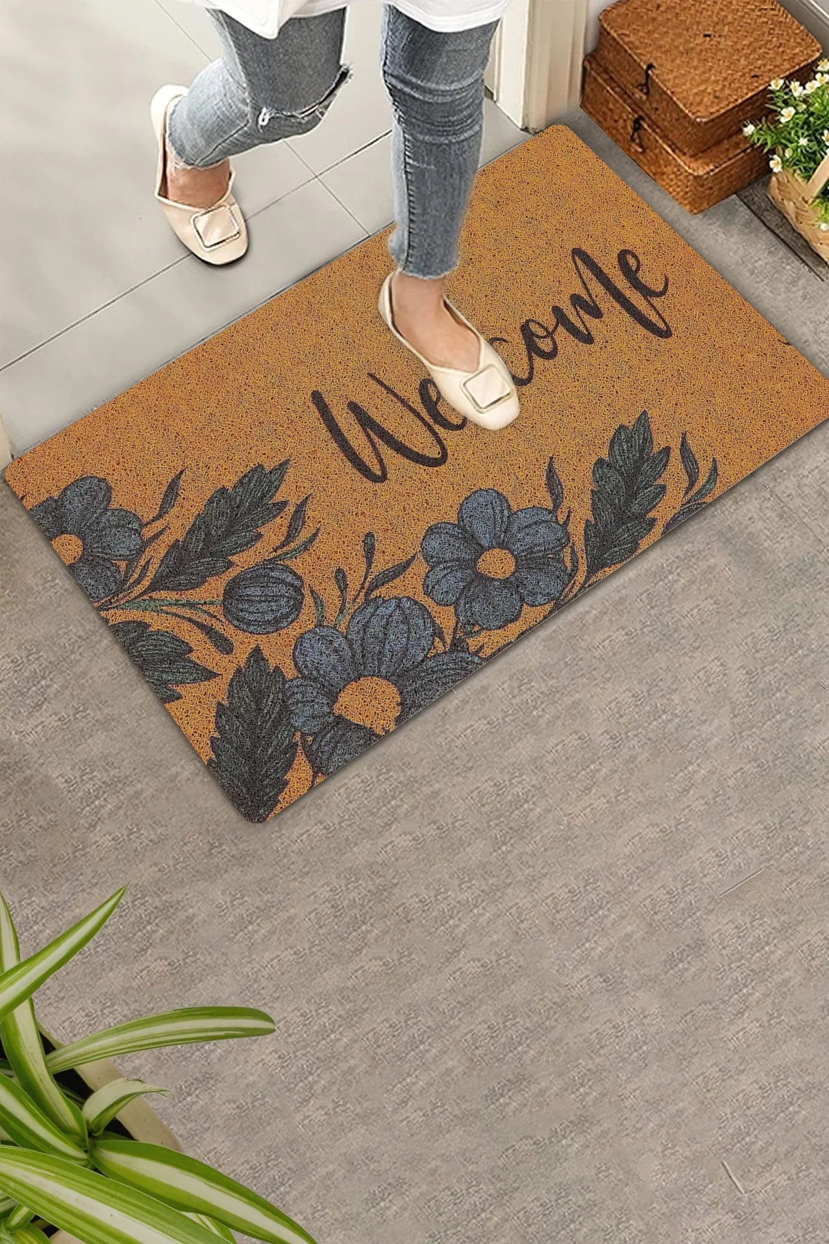 Valerine Life Lacivert Papatya Çiçekli Welcome Hoş Geldiniz Kapı Önü Paspası 45x70cm