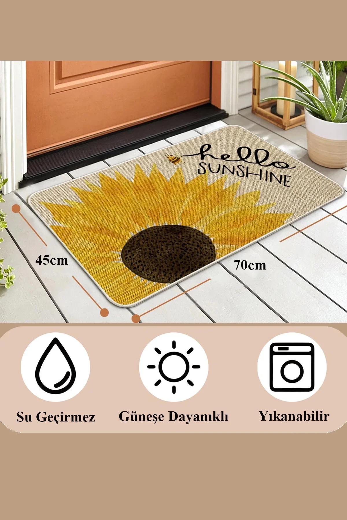 Valerine Life Günebakan Ay Çiçeği Merhaba Yaz Temalı Welcome Hoş Geldiniz Kapı Önü Paspası 45x70cm