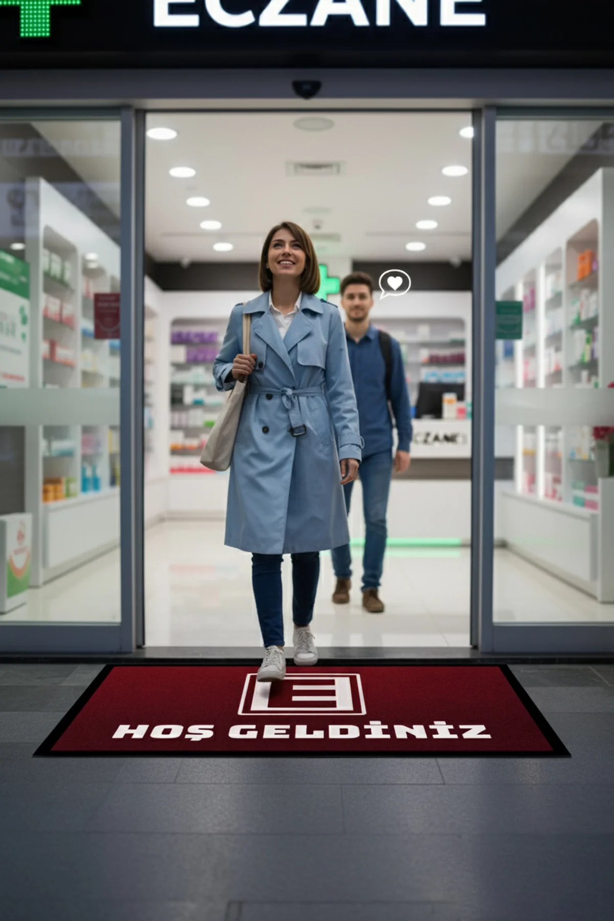 Valerine Life Eczane Logolu Kırmızı Dijital Baskılı Hoş Geldiniz Dükkan Önü İş Yeri Kapı Önü Paspası 50x90cm