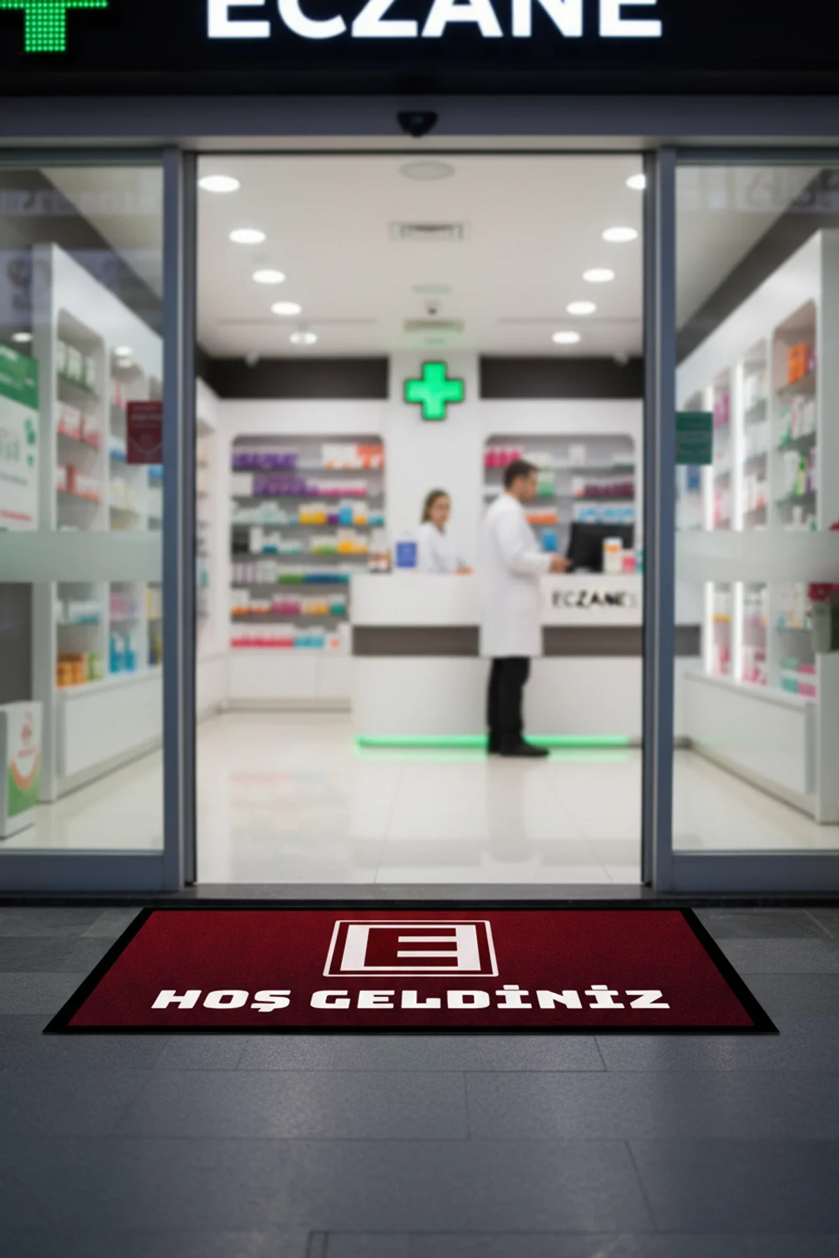 Valerine Life Eczane Logolu Kırmızı Dijital Baskılı Hoş Geldiniz Dükkan Önü İş Yeri Kapı Önü Paspası 50x90cm