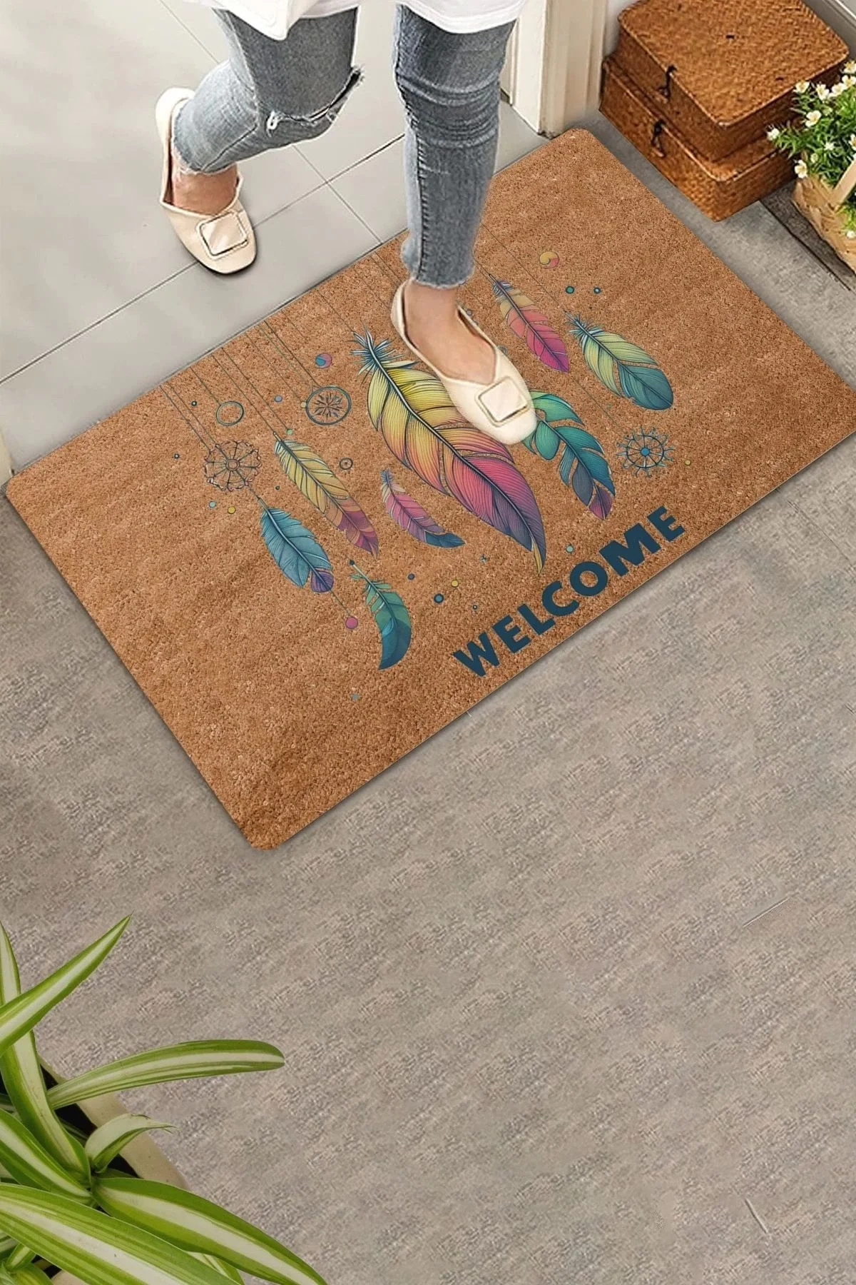 Valerine Life Egzotik Renkli Tüyler Welcome Kapı Önü Paspası 45x70cm