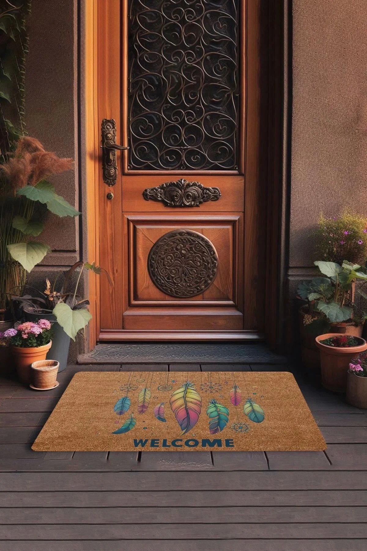 Valerine Life Egzotik Renkli Tüyler Welcome Kapı Önü Paspası 45x70cm