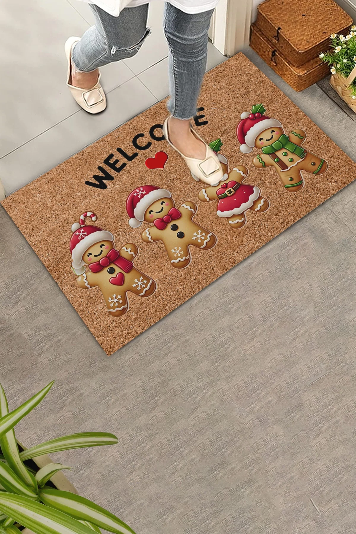 Valerine Life Noel Yılbaşı Kurabiyeleri Kırmızı Kahverengi Welcome Hoş Geldiniz Kapı Önü Paspası 45x70cm