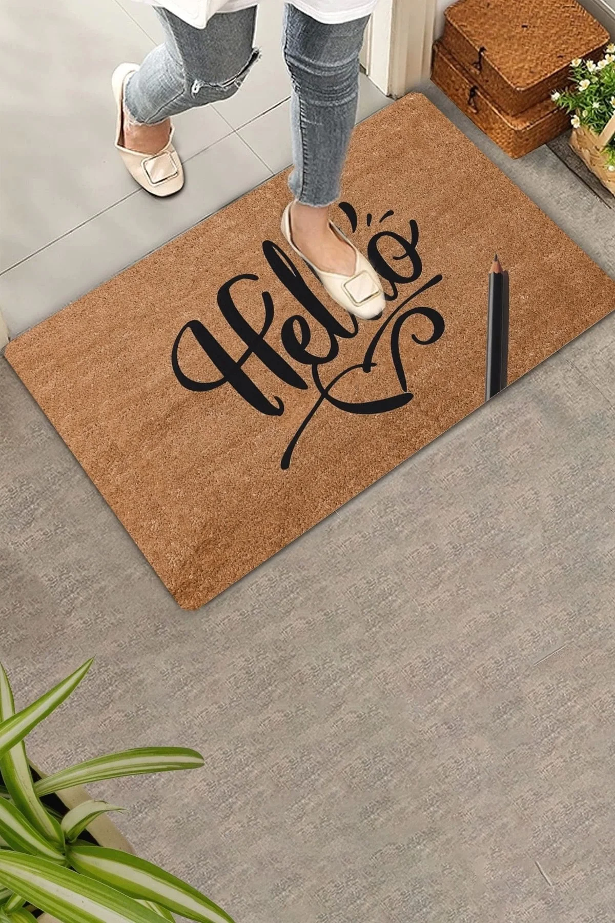 Valerine Life El Yazılı Helllooo ve Kalem Welcome Hoş Geldiniz Kapı Önü Paspası 45x70cm