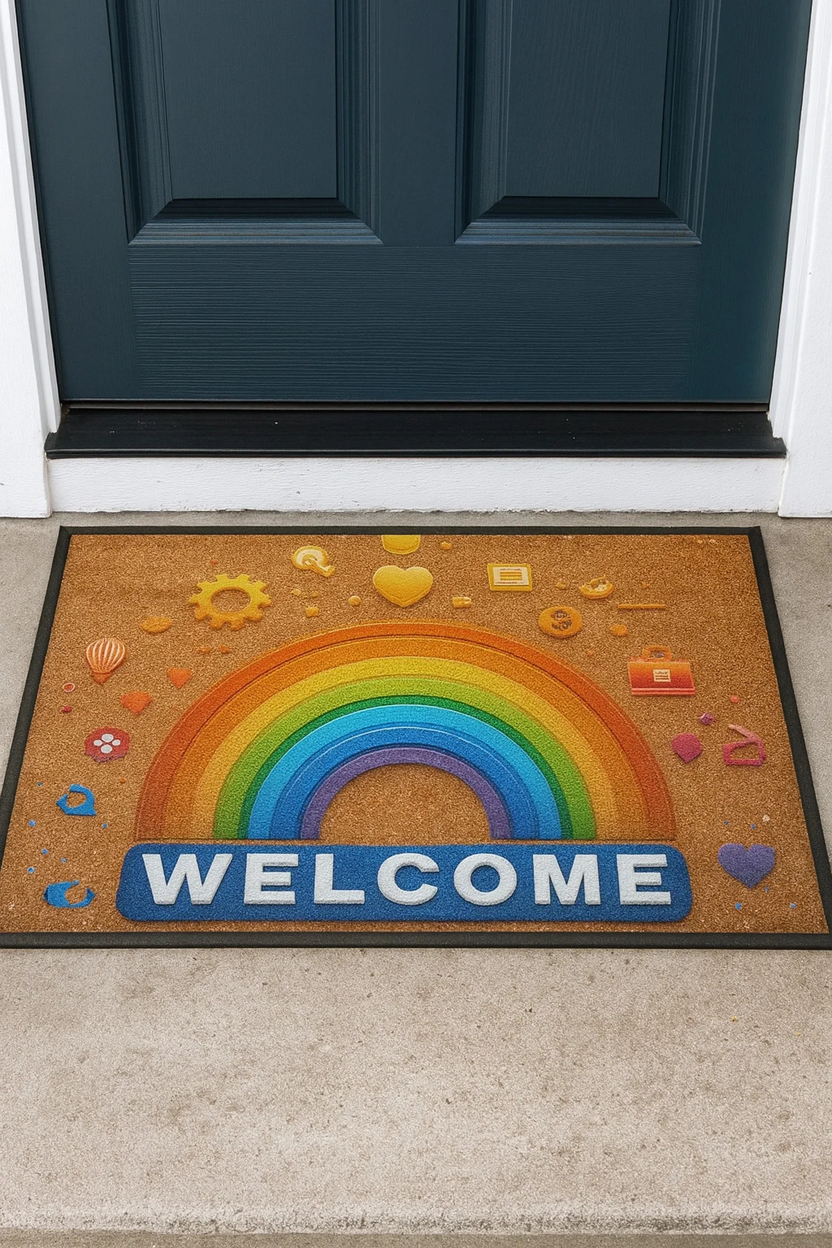 Valerine Life Emojili Gökkuşağı Kaymaz Tabanlı Hoş Geldiniz Welcome Kapı Önü Paspası 45x70cm