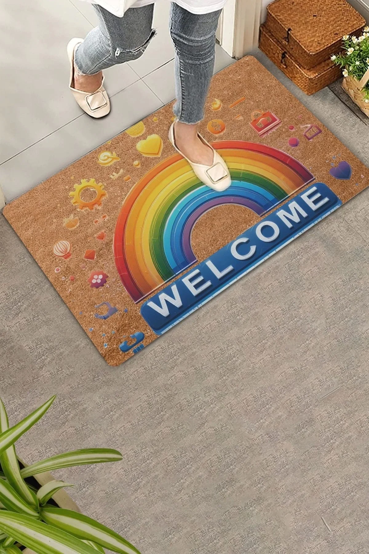 Valerine Life Emojili Gökkuşağı Kaymaz Tabanlı Hoş Geldiniz Welcome Kapı Önü Paspası 45x70cm