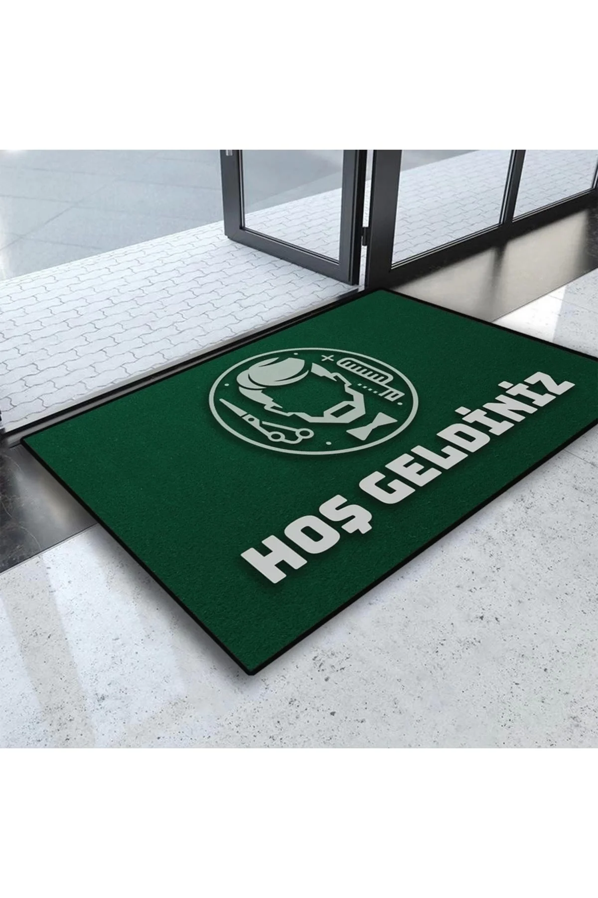 Valerine Life Erkek Kuaförü Yeşil Renk Berber Hoş Geldiniz Kapı Önü Paspası 45x70cm