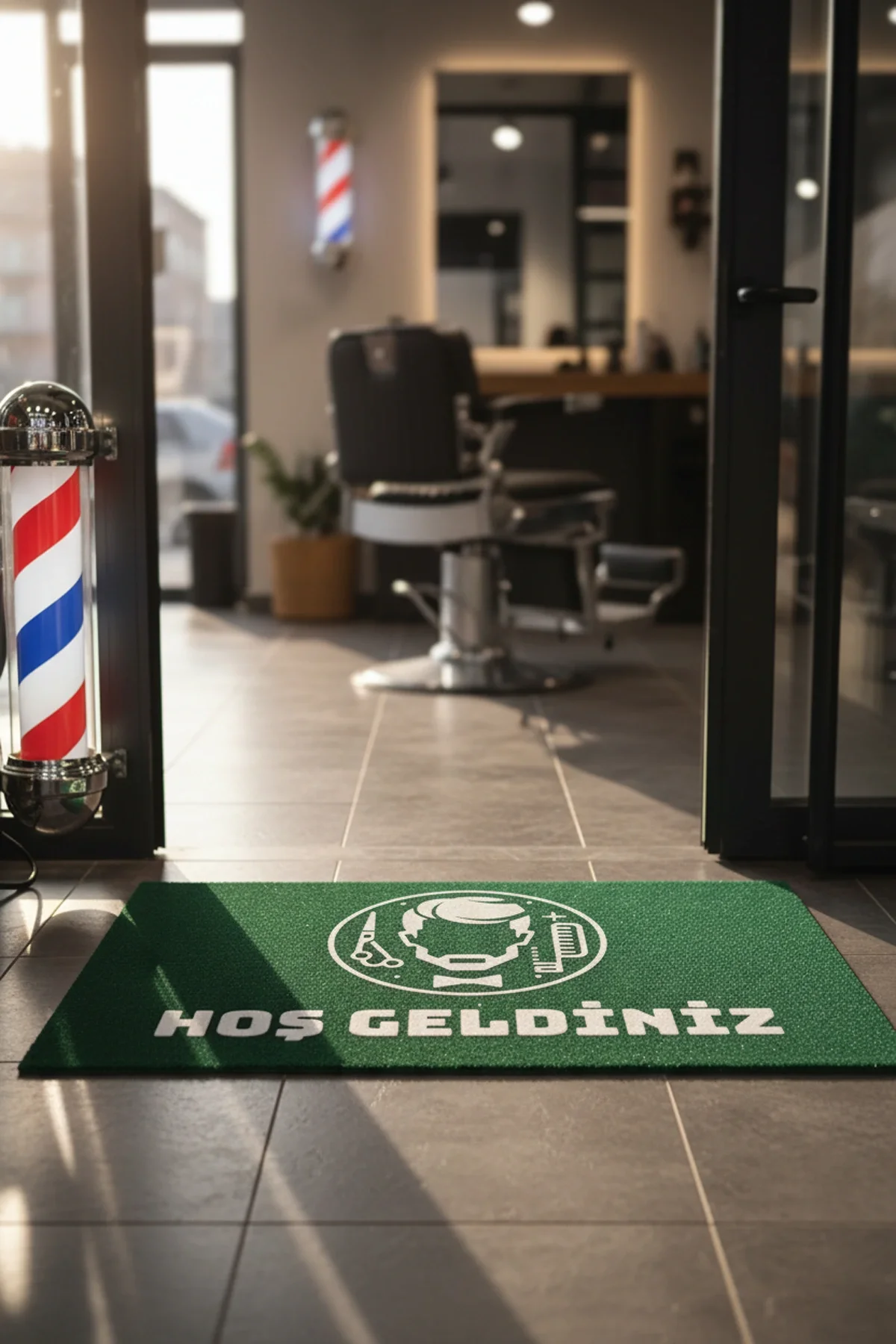 Valerine Life Erkek Kuaförü Yeşil Renk Berber Welcome Hoş Geldiniz İş Yeri Kapı Önü Paspası 45x70cm
