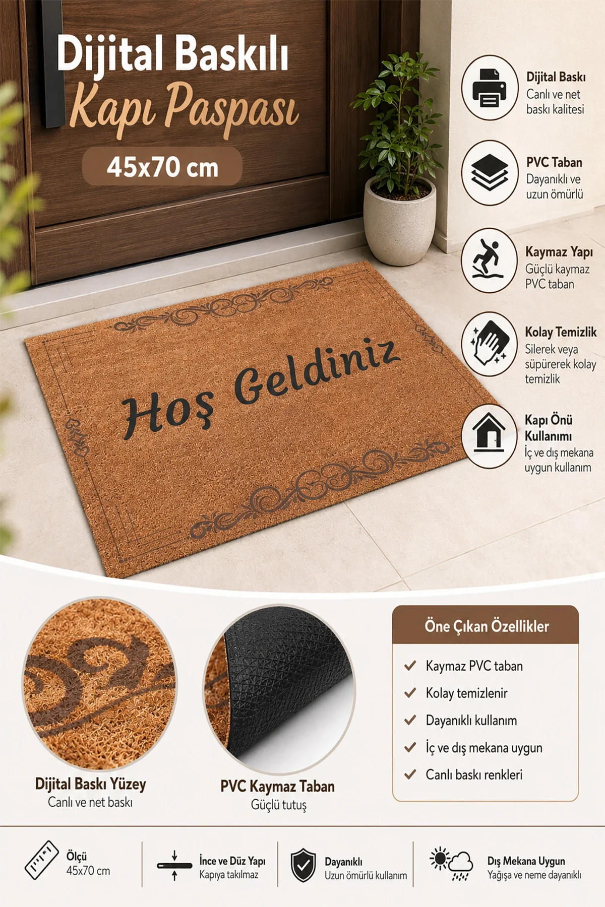 Valerine Life Ferforjeli Kaymaz Taban Dijital Baskı Hoş Geldiniz Welcome Kapı Önü Paspası 45x70cm