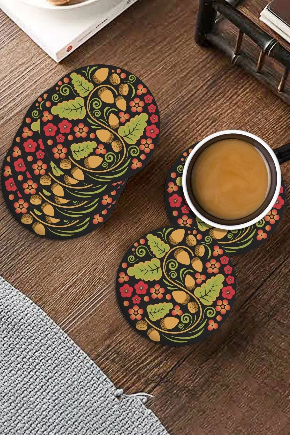 Valerine Life Fındık Desenli Yıkanabilir Kaydırmaz Ofis Çay ve Fincan Bardak Altlığı 10x10cm 6 Adet