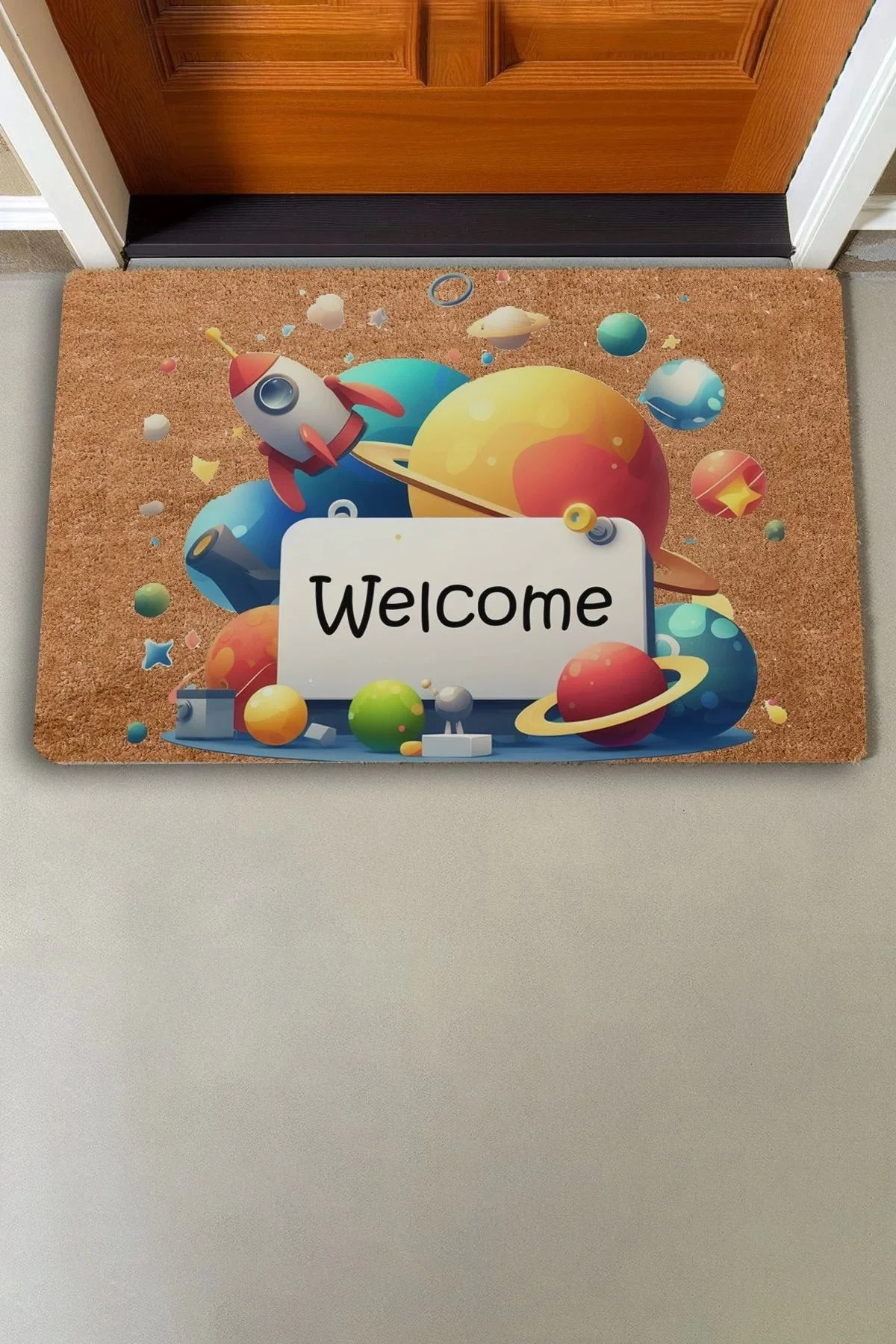 Valerine Life Gezegen ve Roket Temalı Welcome Kapı Önü Paspası 45x70cm