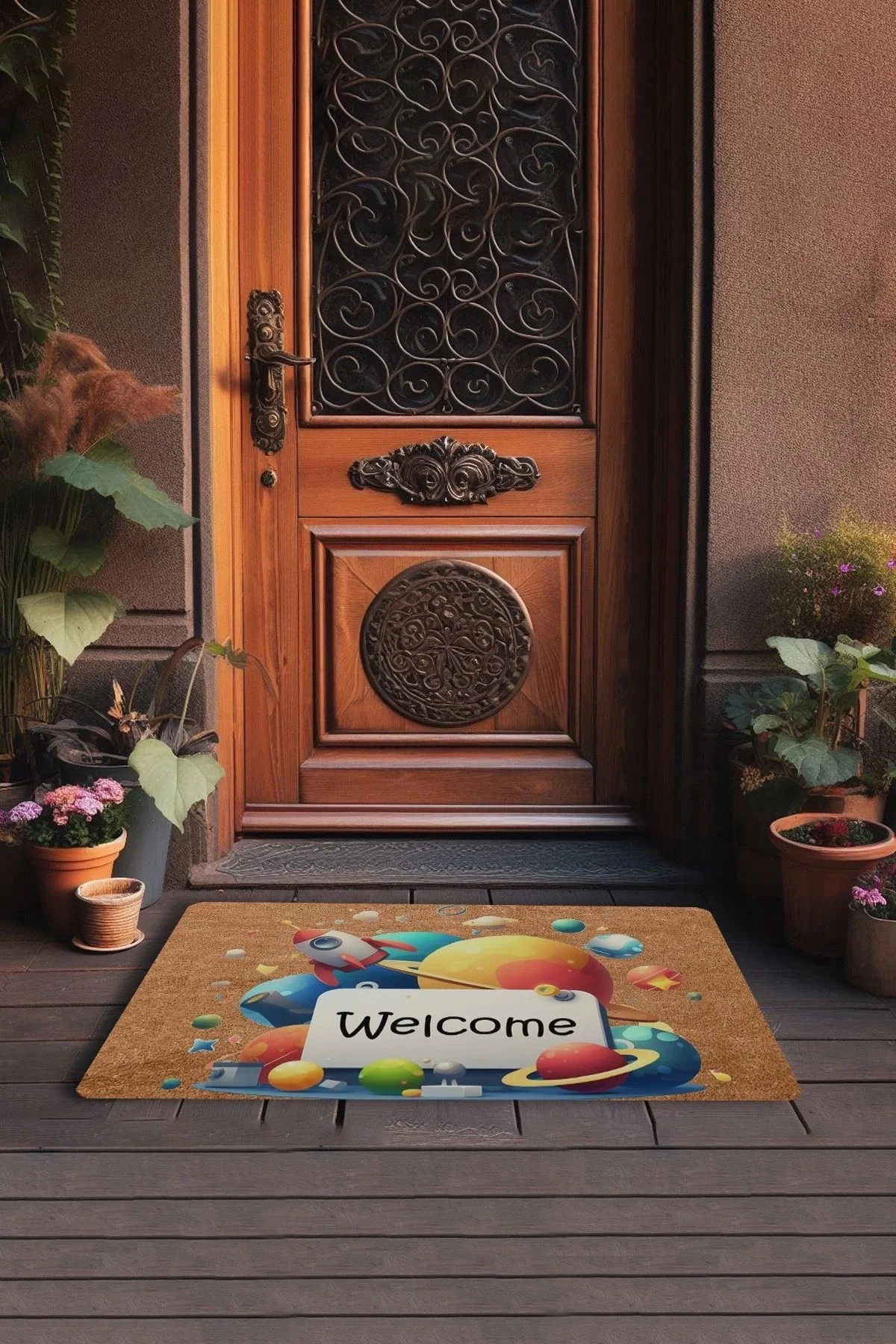 Valerine Life Gezegen ve Roket Temalı Welcome Kapı Önü Paspası 45x70cm