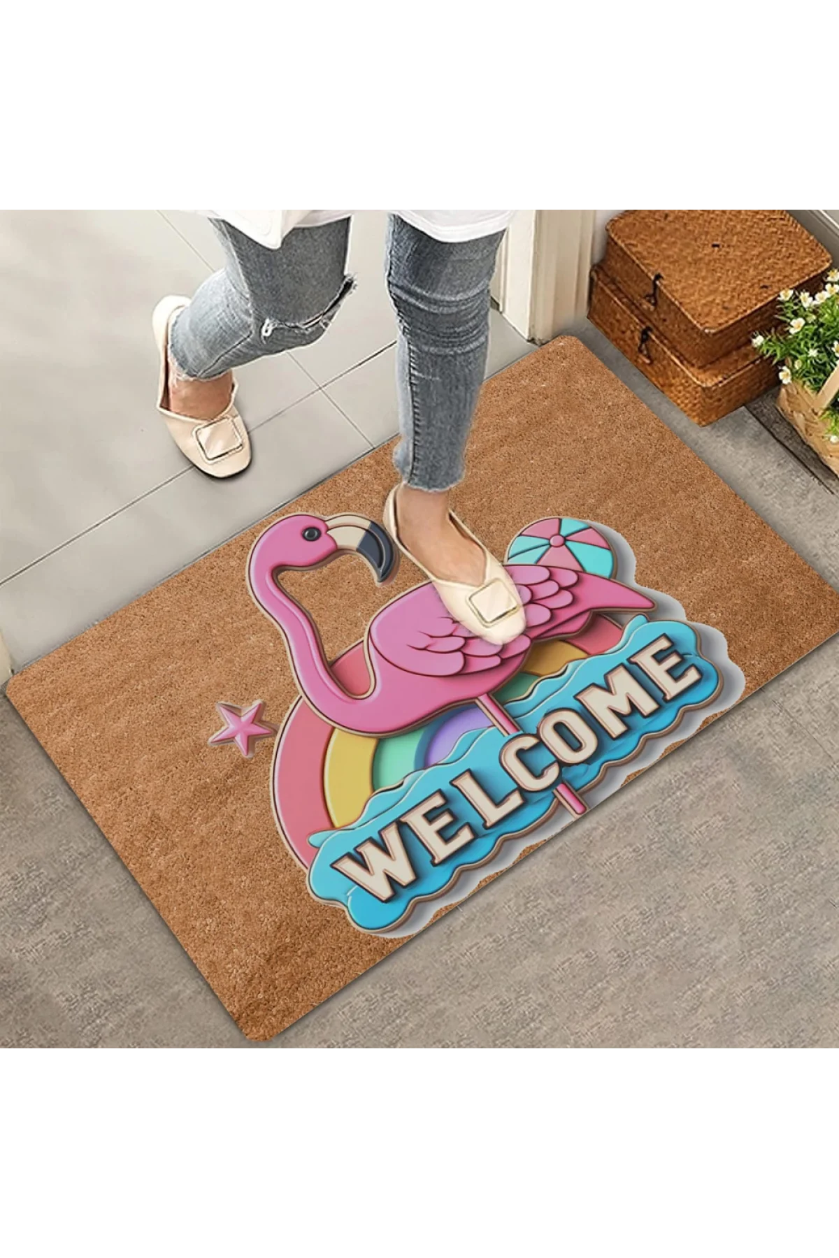 Valerine Life Gökkuşağı ve Flamingo Welcome Kapı Önü Paspası 45x70cm