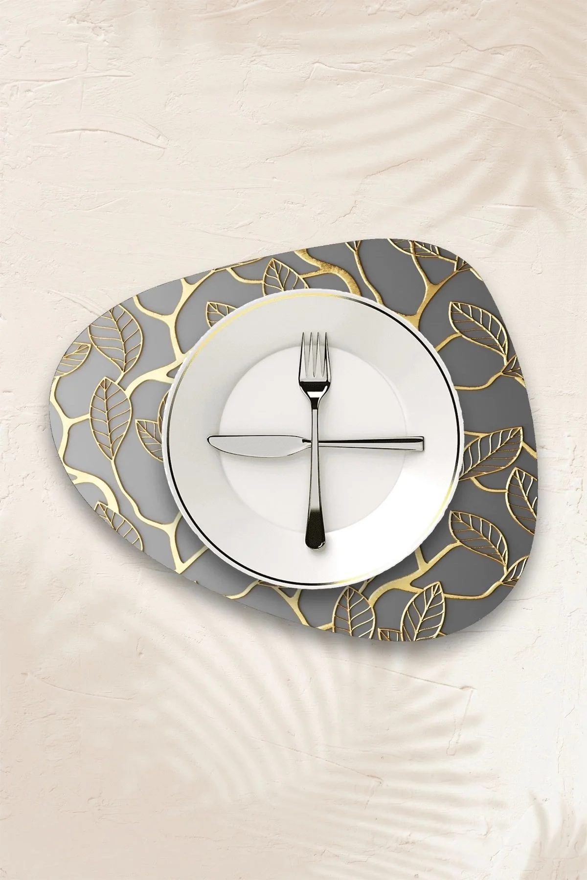 Valerine Life Gold Sarmaşık Yapraklı Amerikan Deri Kaymaz Yıkanabilir Gri Servis Altlığı 12 Parça 6 Kişilik