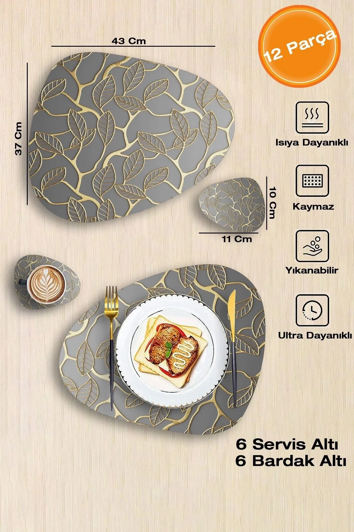 Valerine Life Gold Sarmaşık Yapraklı Amerikan Deri Kaymaz Yıkanabilir Gri Servis Altlığı 12 Parça 6 Kişilik