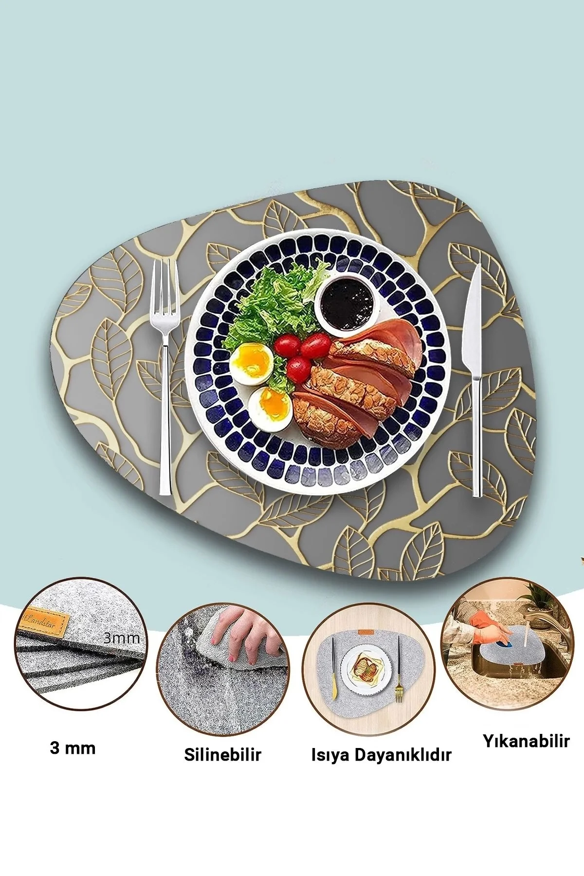 Valerine Life Gold Sarmaşık Yapraklı Amerikan Deri Kaymaz Yıkanabilir Gri Servis Altlığı 12 Parça 6 Kişilik