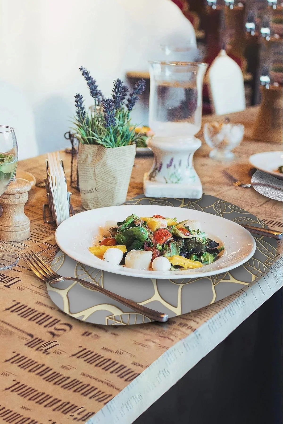 Valerine Life Gold Sarmaşık Yapraklı Amerikan Deri Kaymaz Yıkanabilir Gri Servis Altlığı 12 Parça 6 Kişilik