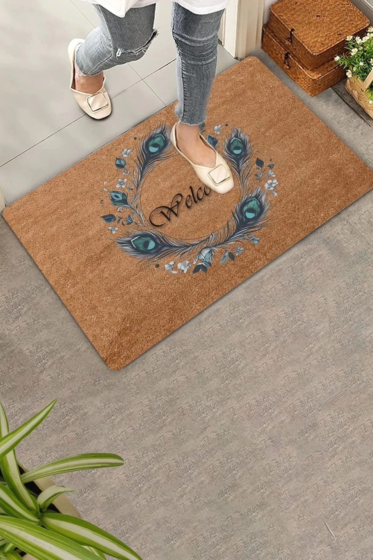 Valerine Life Göz Değmesin Tavus Kuşu Tüyü Welcome Kapı Önü Paspası 45x70cm