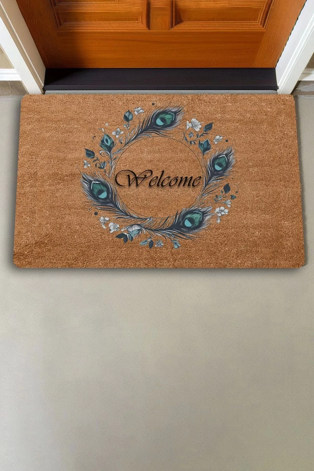 Valerine Life Göz Değmesin Tavus Kuşu Tüyü Welcome Kapı Önü Paspası 45x70cm