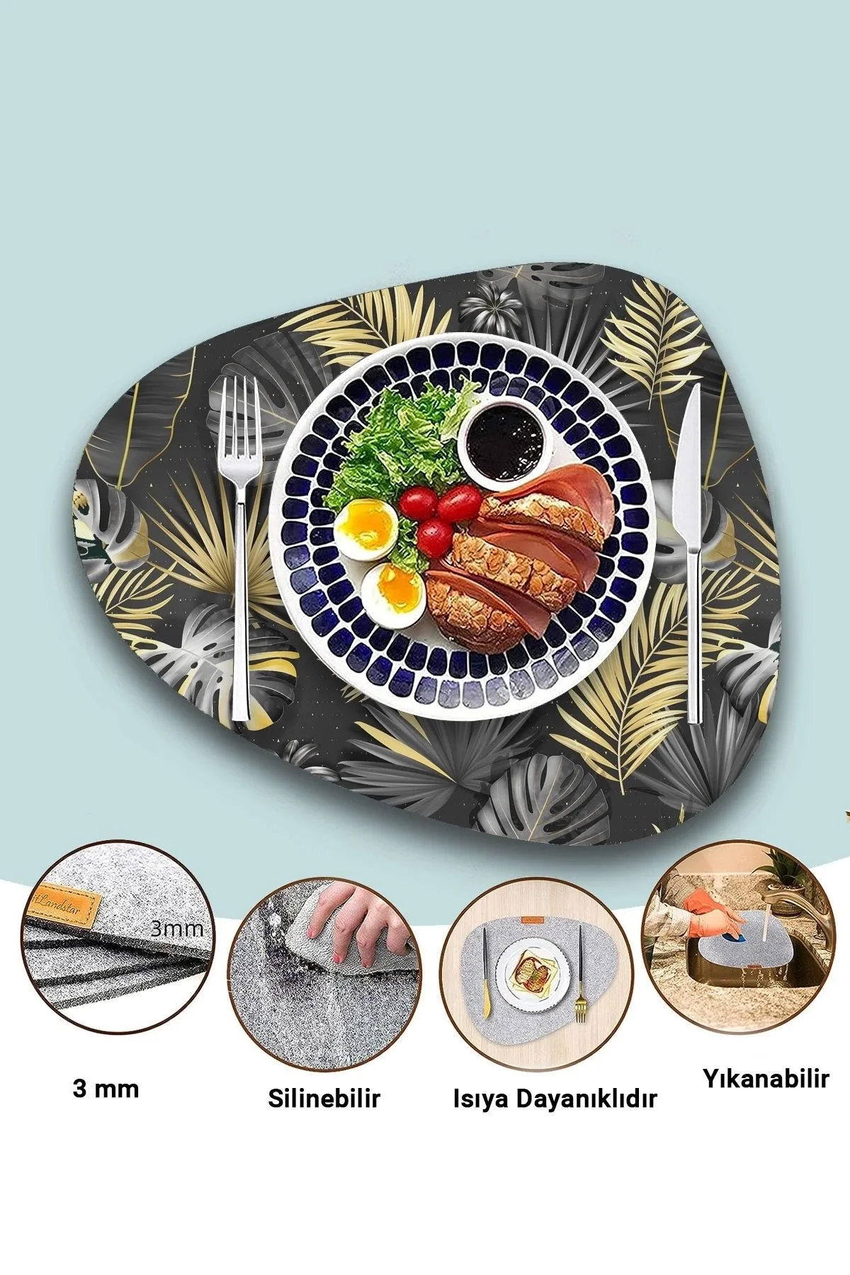 Valerine Life Gri Gold Palmiye Yaprağı Desenli Amerikan Deri Kaymaz Yıkanabilir Servis Altlığı 12 Parça 6 Kişilik