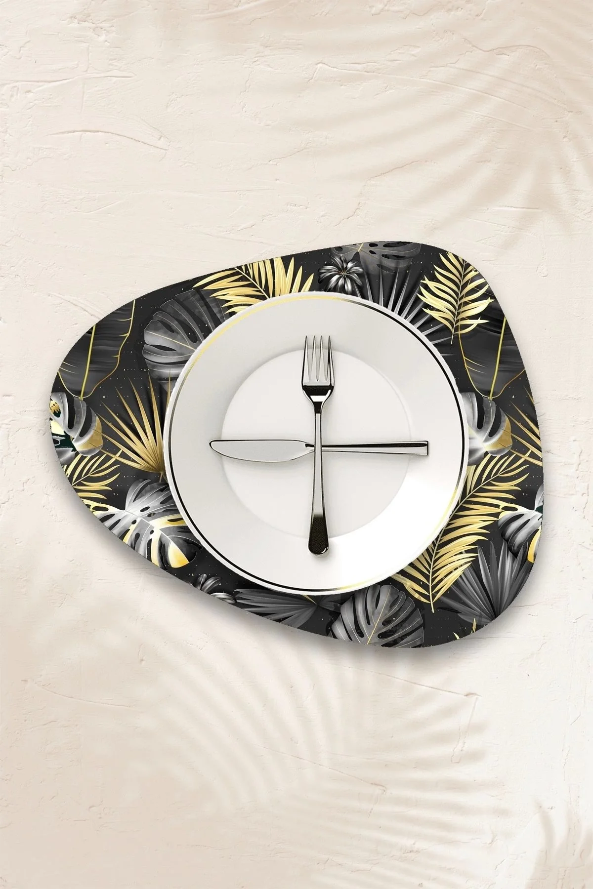 Valerine Life Gri Gold Palmiye Yaprağı Desenli Amerikan Deri Kaymaz Yıkanabilir Servis Altlığı 12 Parça 6 Kişilik