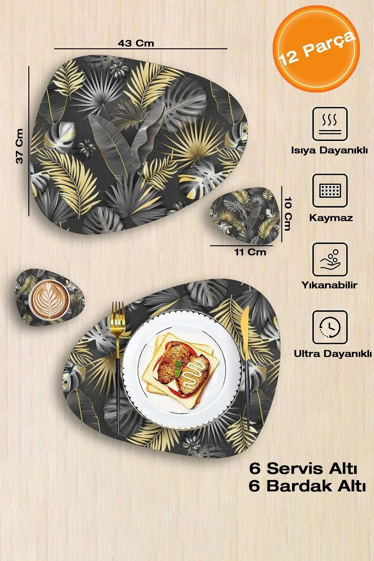 Valerine Life Gri Gold Palmiye Yaprağı Desenli Amerikan Deri Kaymaz Yıkanabilir Servis Altlığı 12 Parça 6 Kişilik
