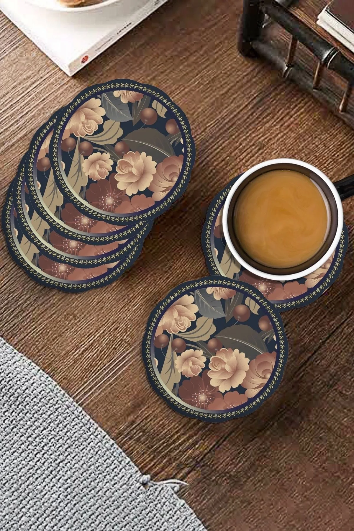 Valerine Life Gül ve Kiraz Desenli Yıkanabilir Kaydırmaz Ofis Çay ve Fincan Bardak Altlığı 10x10cm 6 Adet