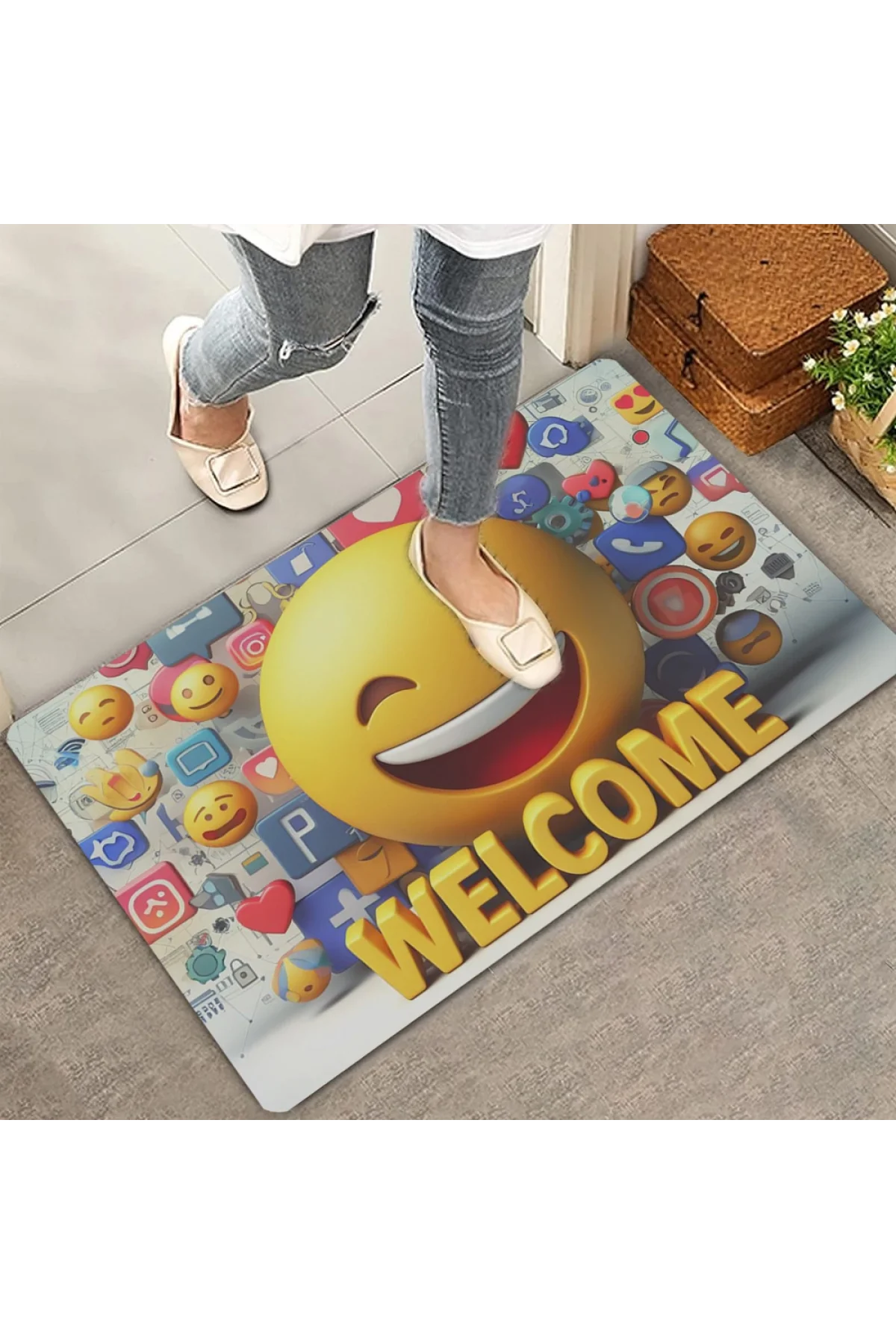 Valerine Life Gülen Surat Emoji Welcome Kapı Önü Paspası 45x70cm