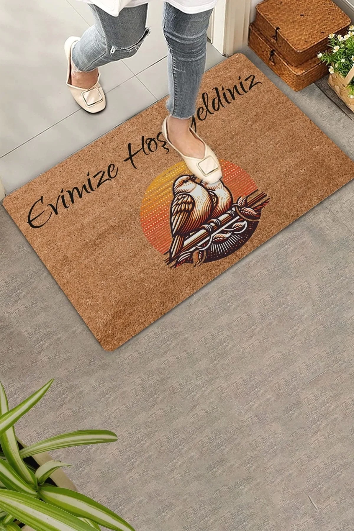 Valerine Life Gün Batımı ve Huzurlu Kuş Çifti Evimize Hoş Geldiniz Kapı Önü Paspası 45x70cm
