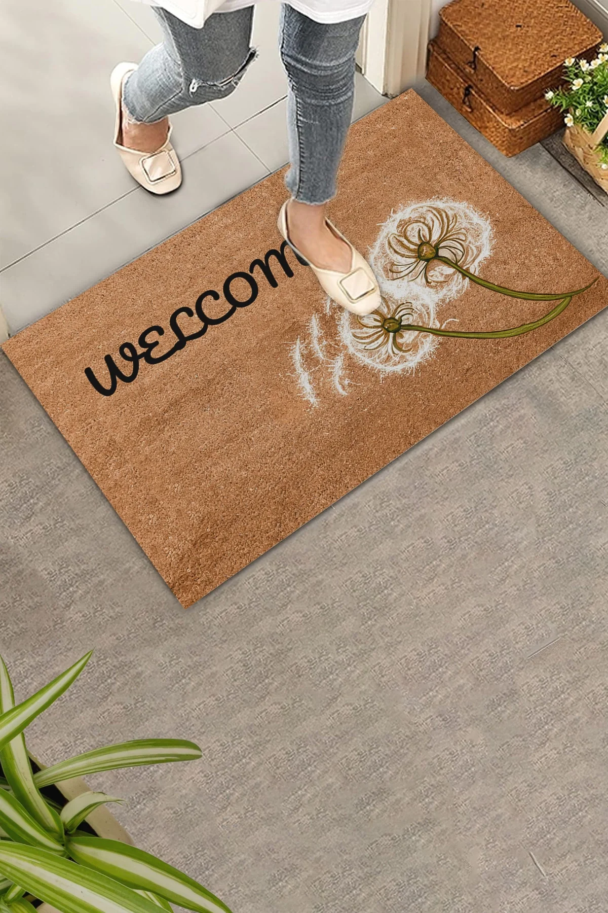 Valerine Life Karahindiba Dilek Otu Temalı Kahverengi Welcome Hoş Geldiniz Kapı Önü Paspası 45x70cm