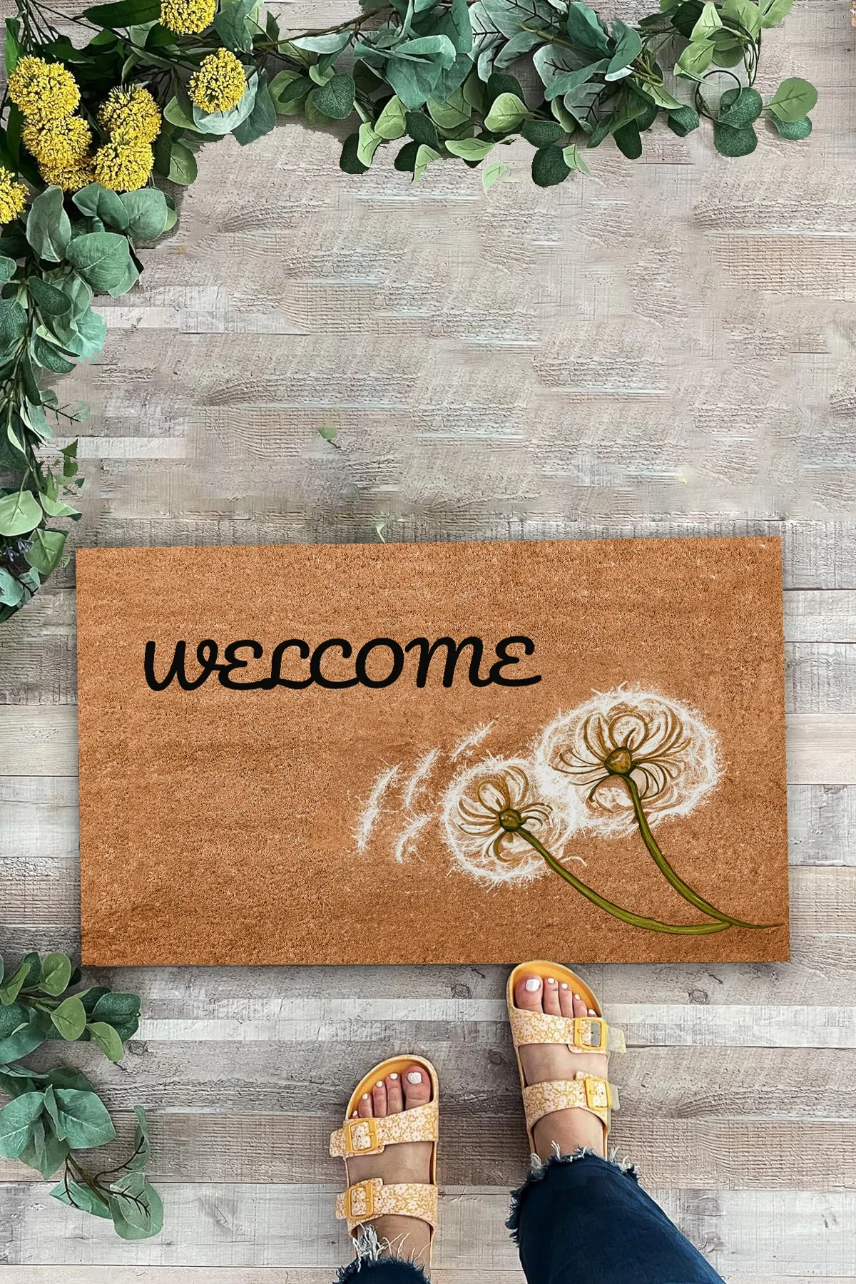 Valerine Life Karahindiba Dilek Otu Temalı Kahverengi Welcome Hoş Geldiniz Kapı Önü Paspası 45x70cm