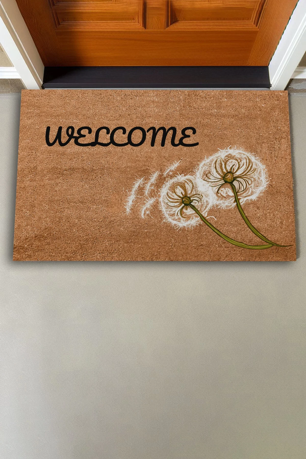 Valerine Life Karahindiba Dilek Otu Temalı Kahverengi Welcome Hoş Geldiniz Kapı Önü Paspası 45x70cm