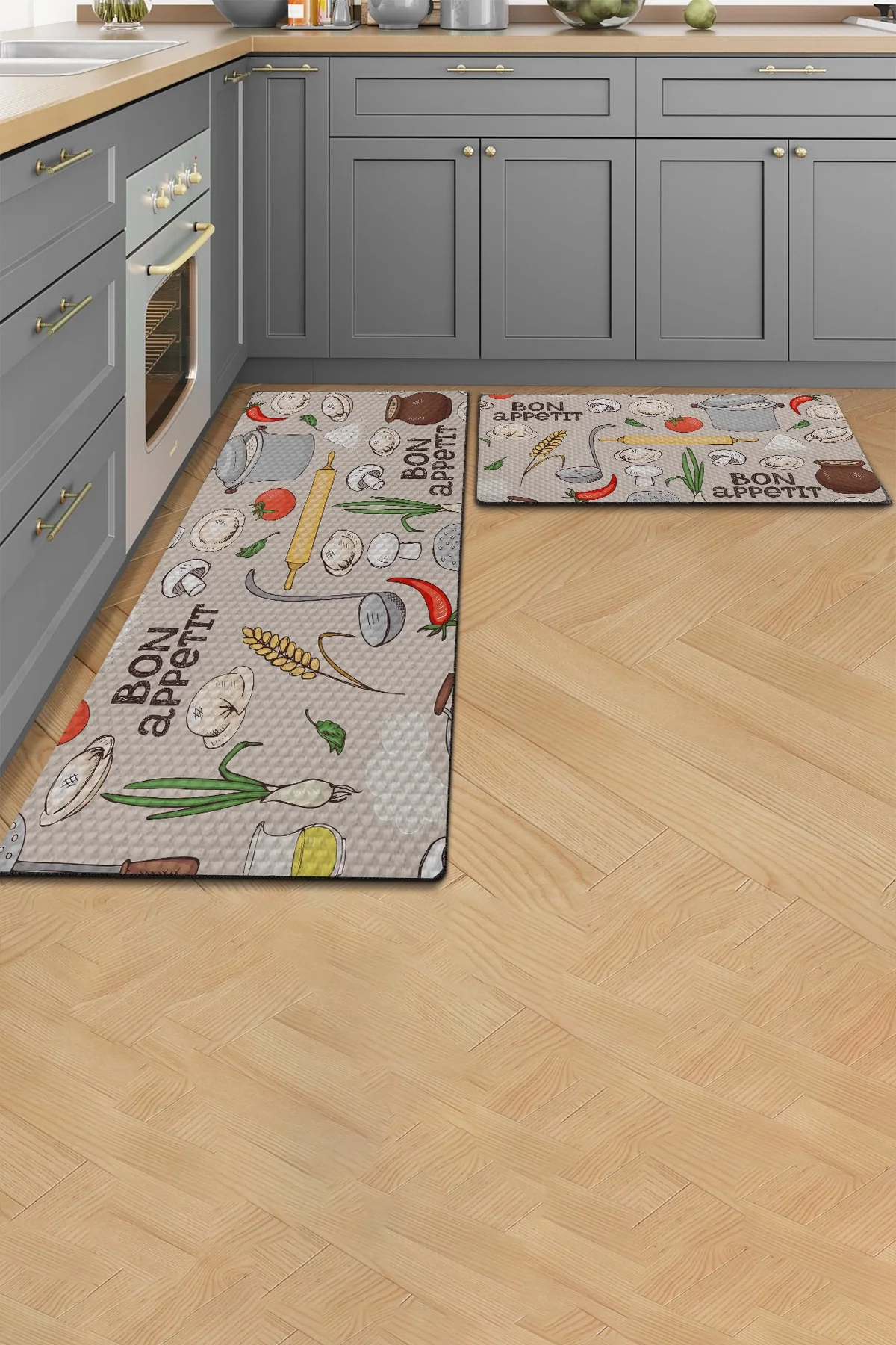 Valerine Life Bon Appetit Afiyet Olsun Mutfak Matı Halısı Yıkanır Kaymaz Taban Tezgah Önü Paspası İkili Set