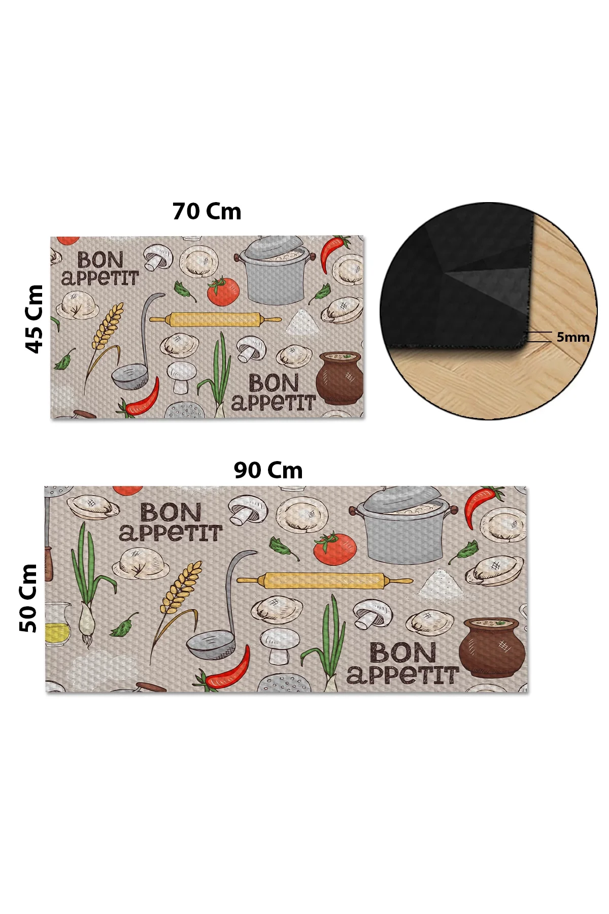 Valerine Life Bon Appetit Afiyet Olsun Mutfak Matı Halısı Yıkanır Kaymaz Taban Tezgah Önü Paspası İkili Set