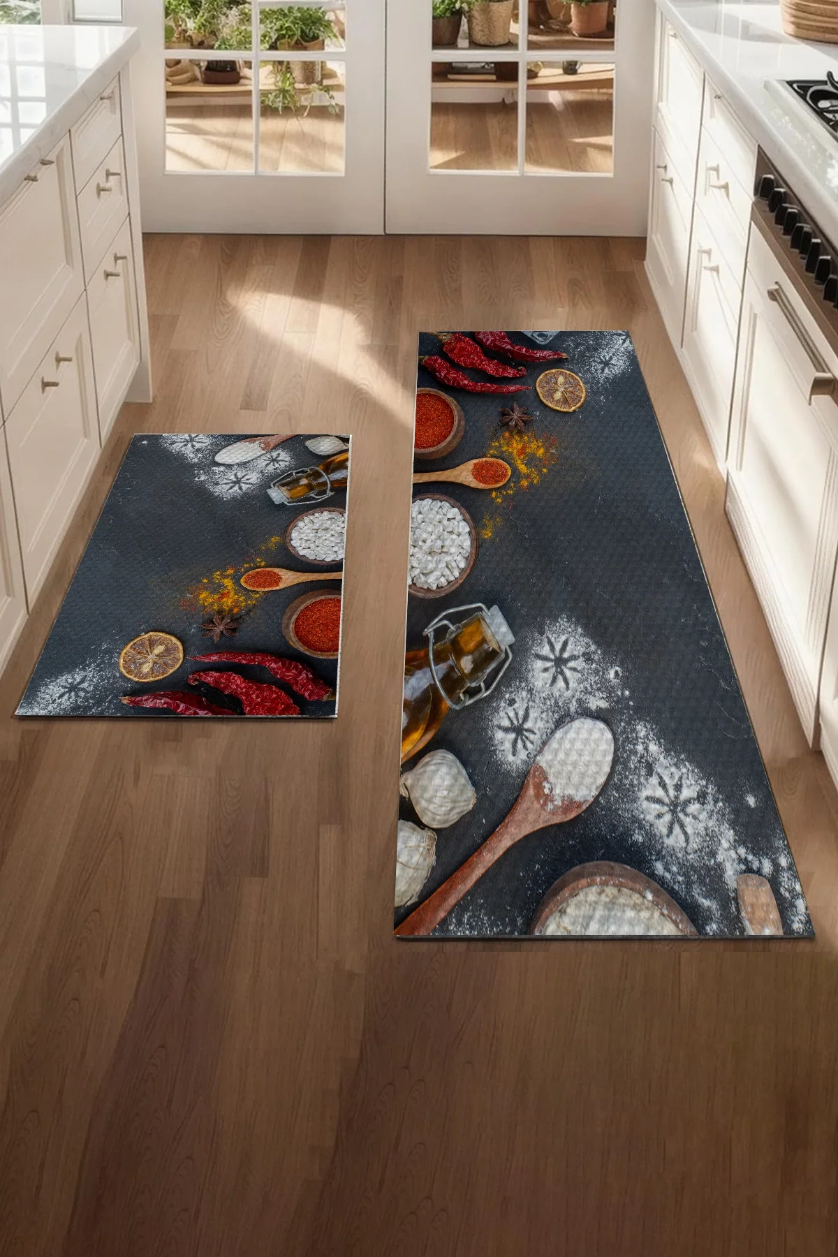 Valerine Life Baharatlı Kuru Biberli Siyah Mutfak Matı Halısı Yıkanır Kaymaz Taban Tezgah Önü Paspası İkili Set