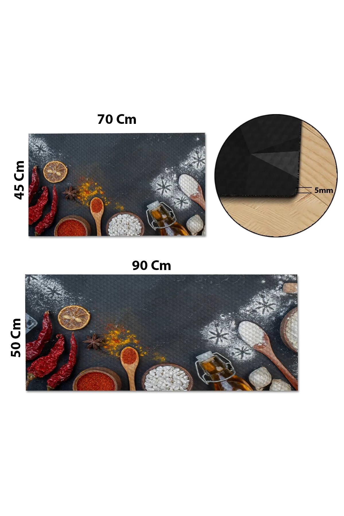 Valerine Life Baharatlı Kuru Biberli Siyah Mutfak Matı Halısı Yıkanır Kaymaz Taban Tezgah Önü Paspası İkili Set