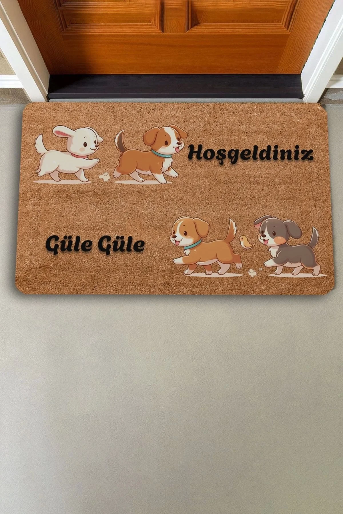 Valerine Life İkili Sevimli Yavru Köpekler Hoş Geldiniz ve Güle Güle Kapı Önü Paspası 45x70cm