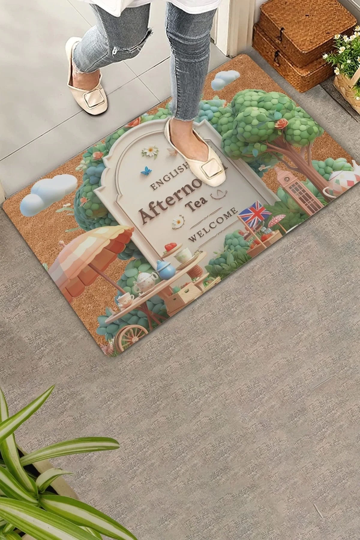 Valerine Life İngiliz Beş Çayı Temalı Welcome Kapı Önü Paspası 45x70cm