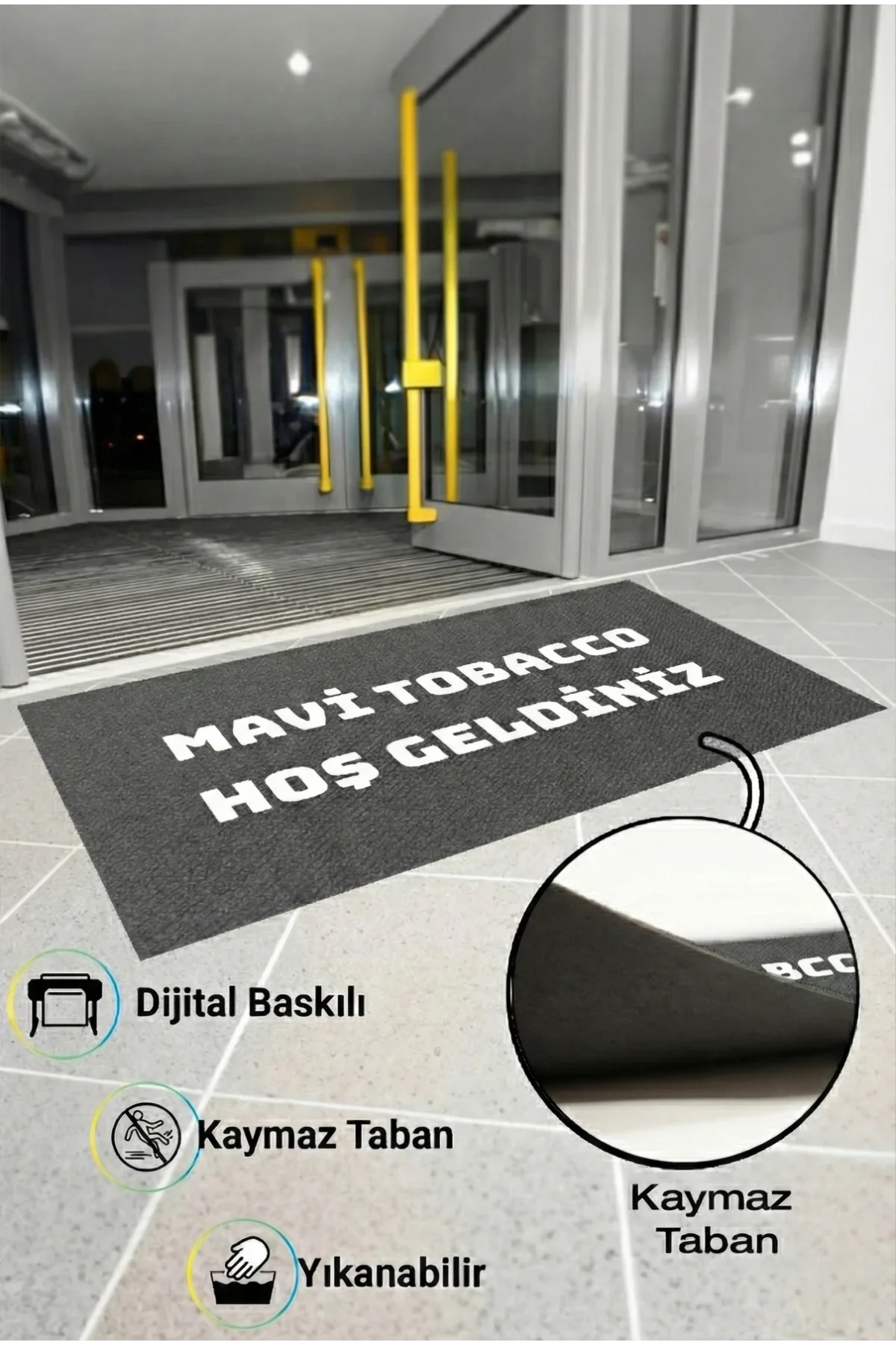 Valerine Life isme Kişiye Firmaya Özel Gri Dijital Baskılı Kaymaz Dükkan Önü İşyeri Ofis Kapı Önü Paspası 50x90cm