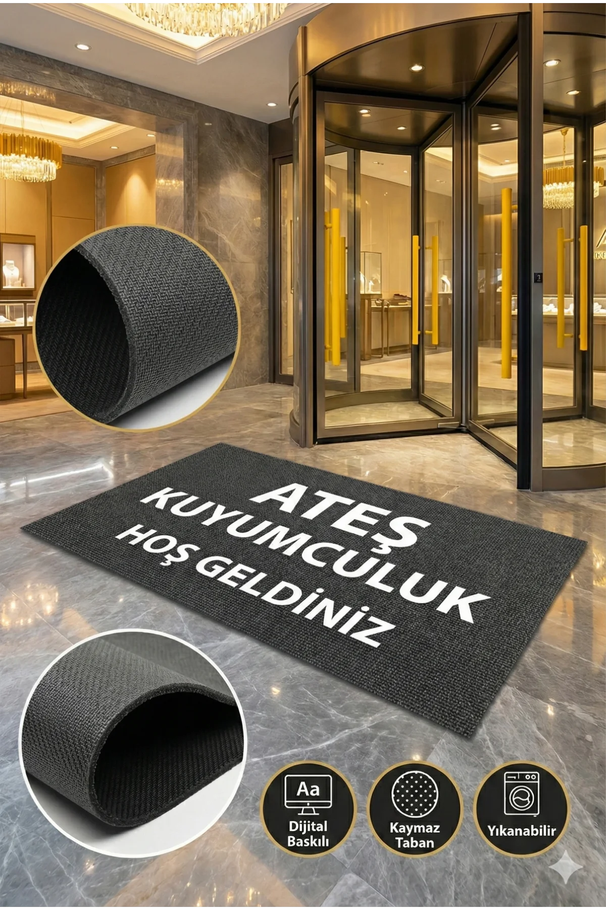 Valerine Life isme Kişiye Firmaya Özel Gri Dijital Baskılı Kaymaz Dükkan Önü İşyeri Ofis Kapı Önü Paspası 50x90cm