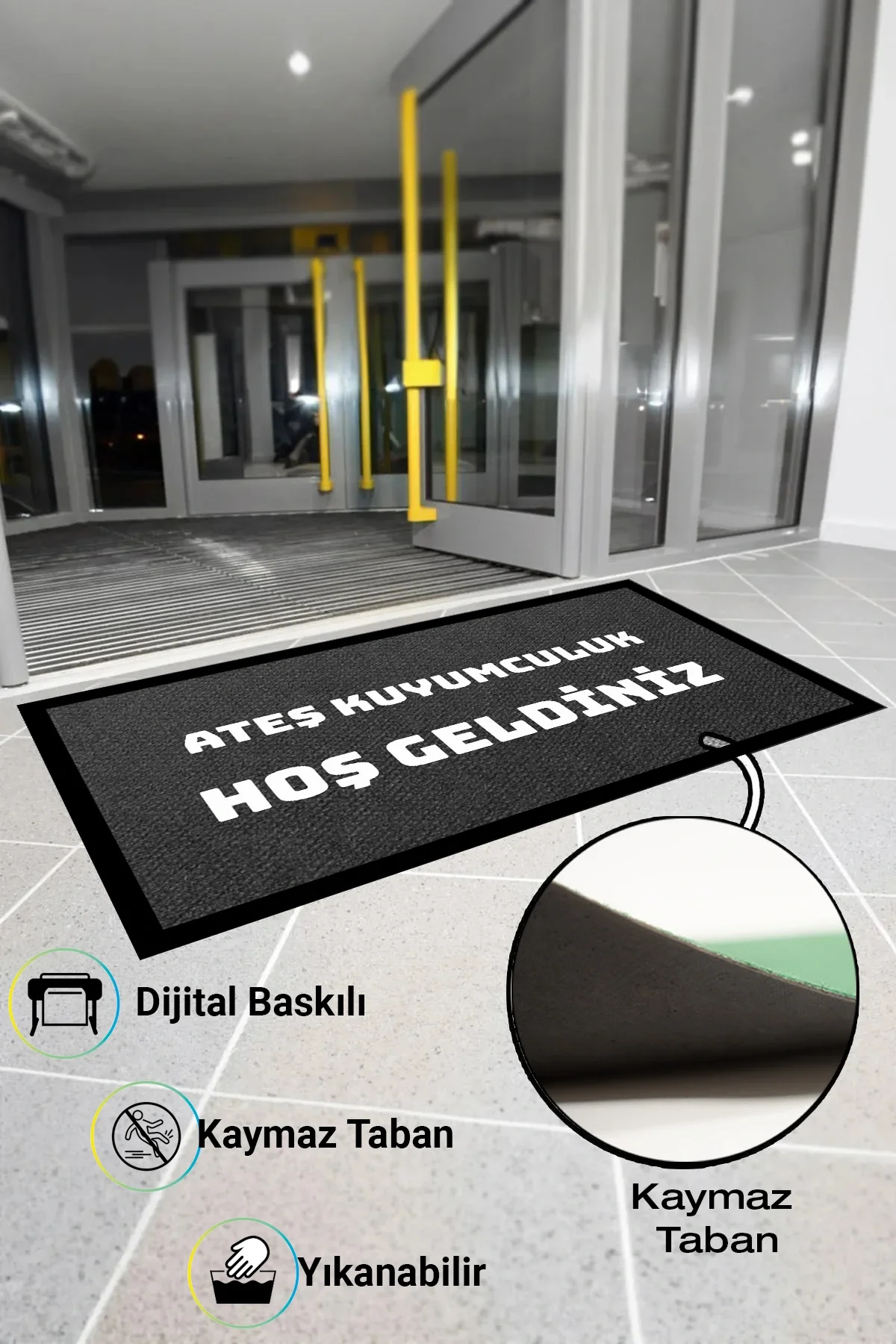 Valerine Life isme Kişiye Firmaya Özel Gri Dijital Baskılı Hoş Geldiniz Dükkan Önü İşyeri Kapı Önü Paspası 50x90cm