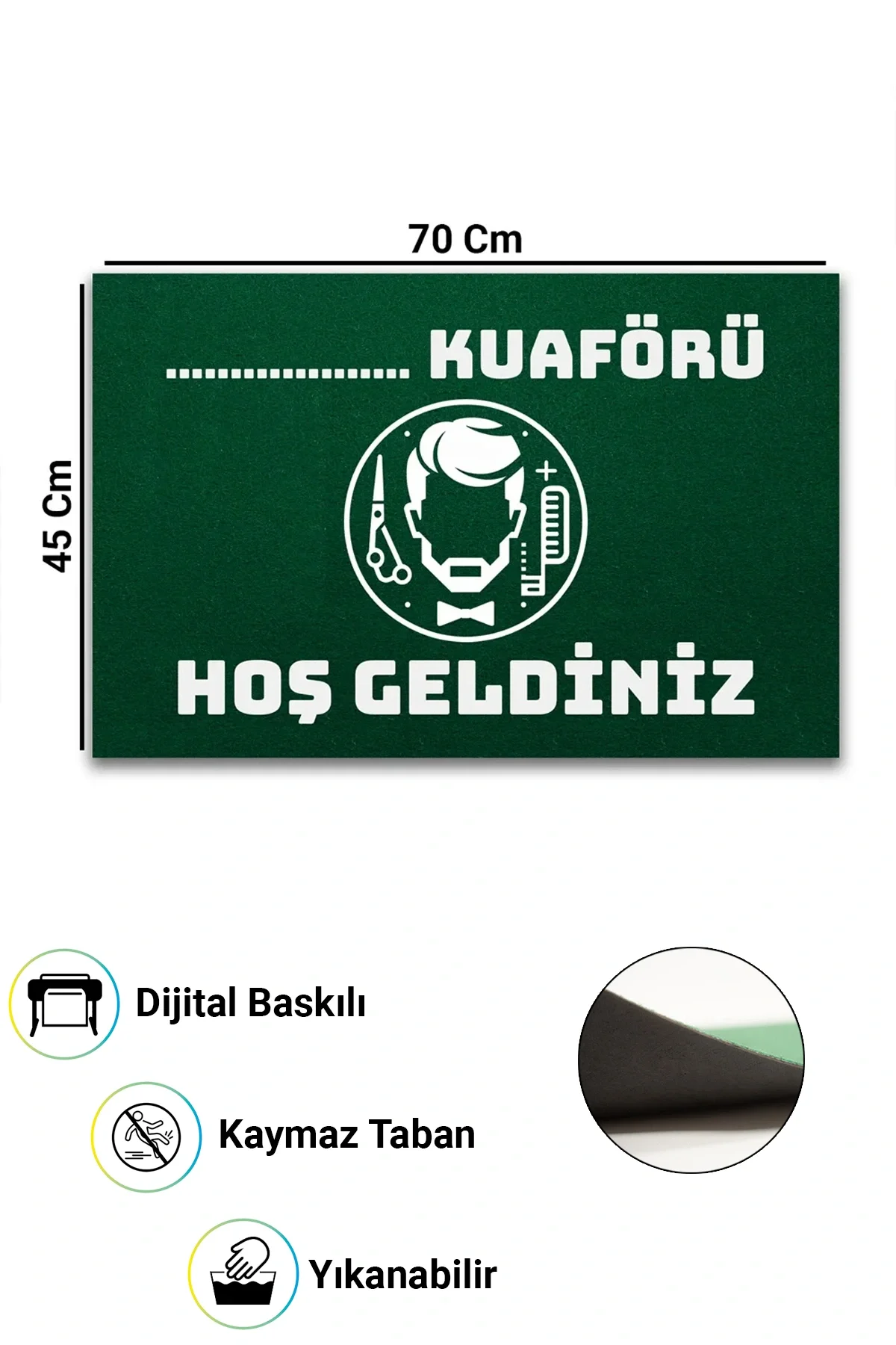 Valerine Life İsme, Kişiye veya Firmaya Özel Erkek Kuaförü Yeşil Renk Berber Hoş Geldiniz Kapı Önü Paspası 45x70cm